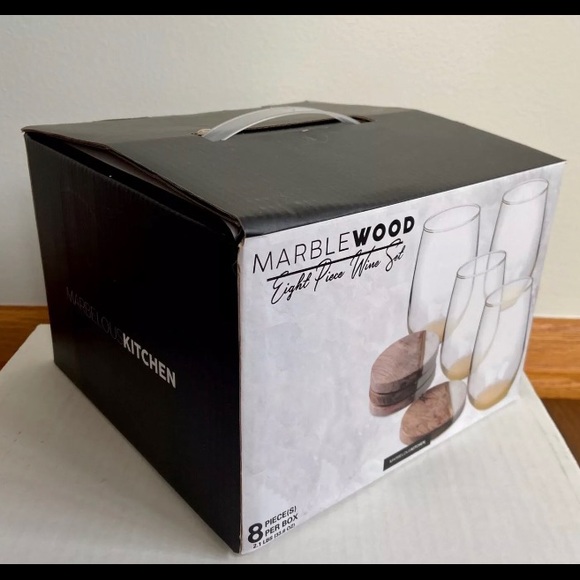 Marblewood Kitchen WINE GLASSES And COASTERS Set of 8 Marble and Wood Coaster - Picture 2 of 4